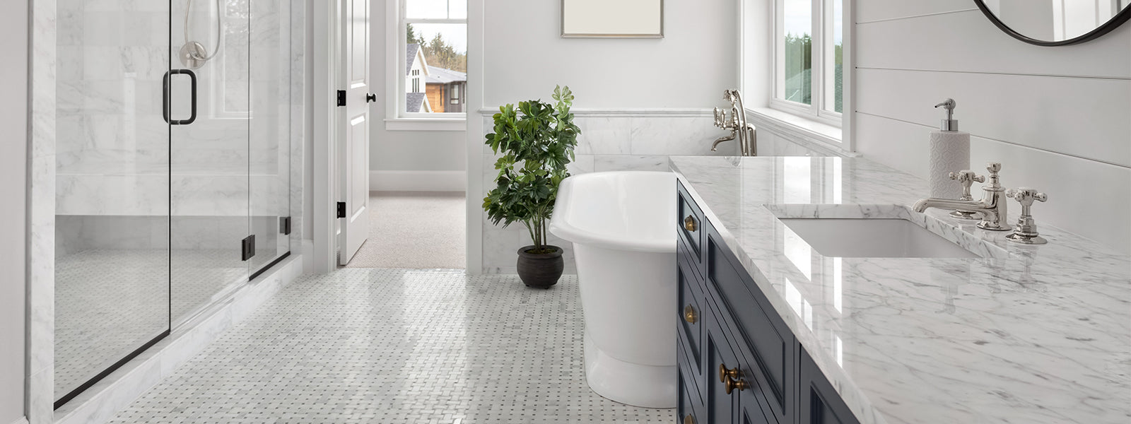 bianco carrara marble basketweave mosaic tile bathroom floor