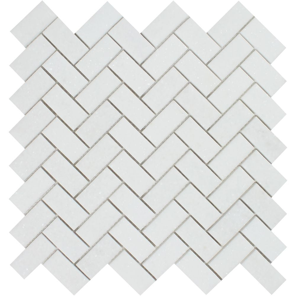 1 x 2 Honed Thassos White Marble Herringbone Mosaic Tile - Tilephile