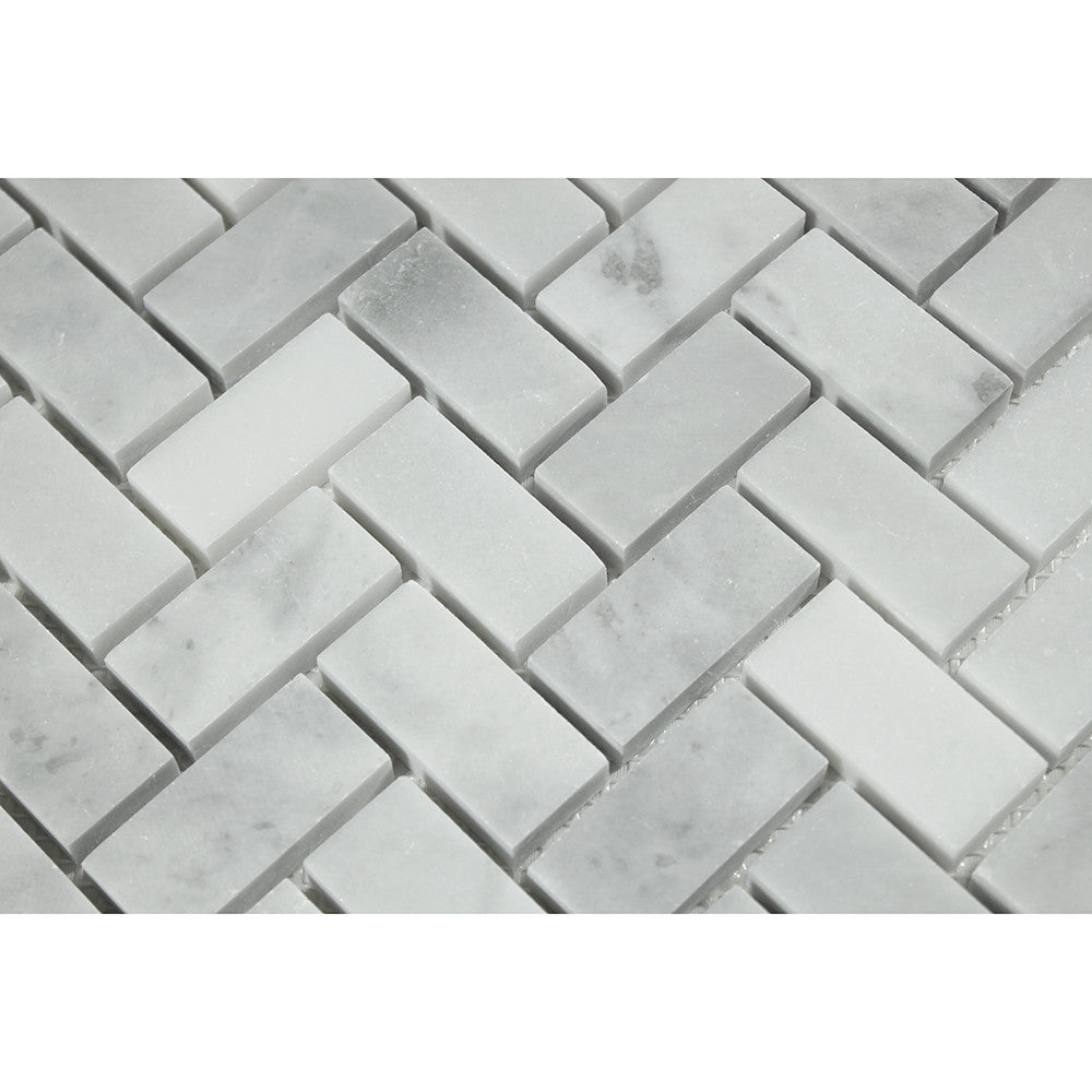 1 x 2 Polished Bianco Mare Marble Herringbone Mosaic Tile - Tilephile