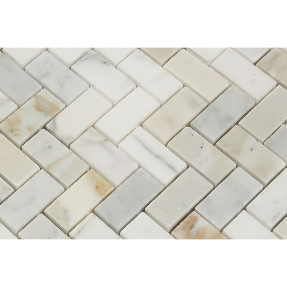 1 x 2 Polished Calacatta Gold Marble Herringbone Mosaic Tile - Tilephile