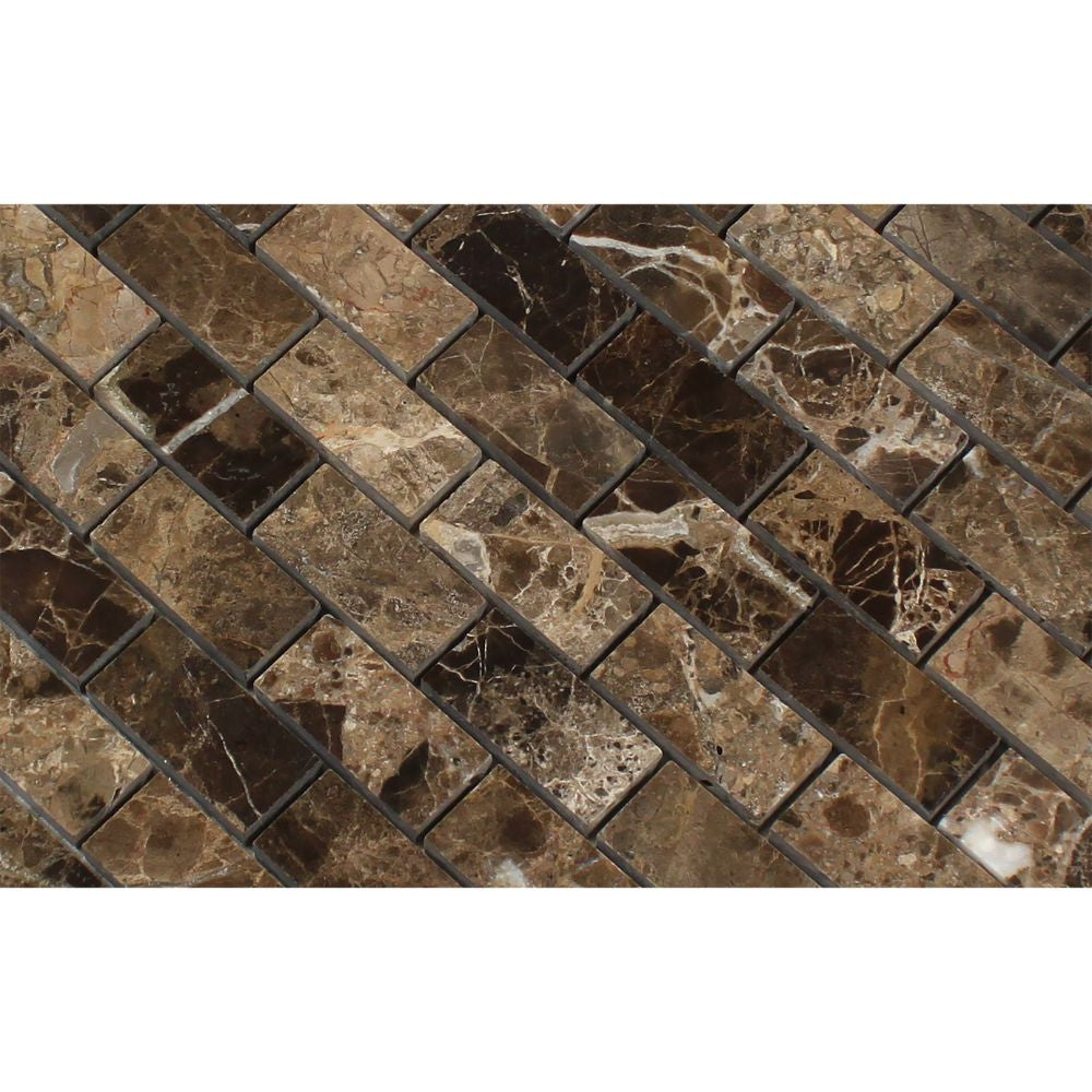 1 x 2 Polished Emperador Dark Marble Brick Mosaic Tile - Tilephile