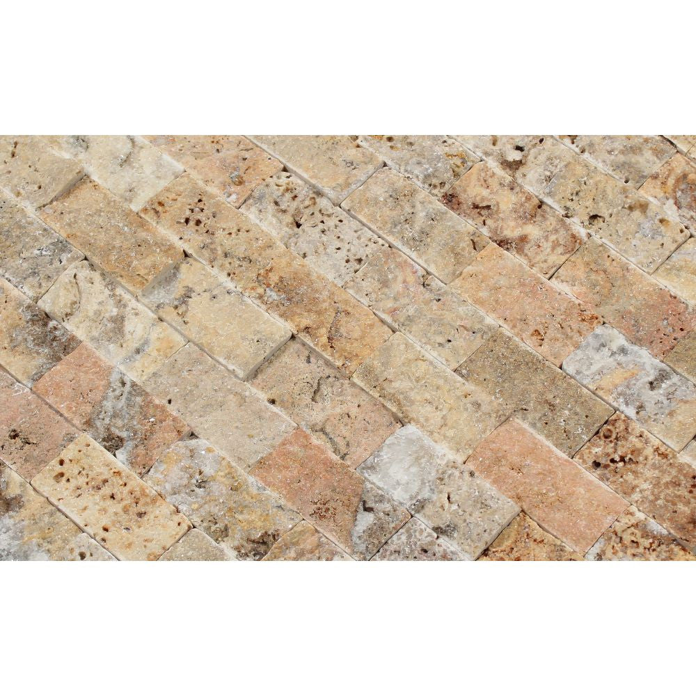 1 x 2 Split-faced Scabos Travertine Brick Mosaic Tile - Tilephile