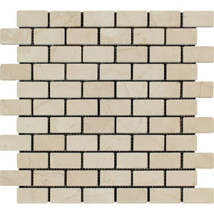 1 x 2 Tumbled Crema Marfil Marble Brick Mosaic Tile - Tilephile