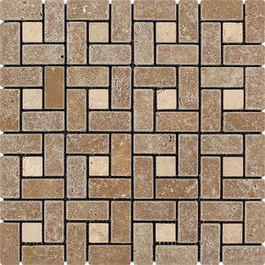 1 x 2 Tumbled Noce Travertine Large Pinwheel Mosaic Tile w/ Ivory Dots - Tilephile