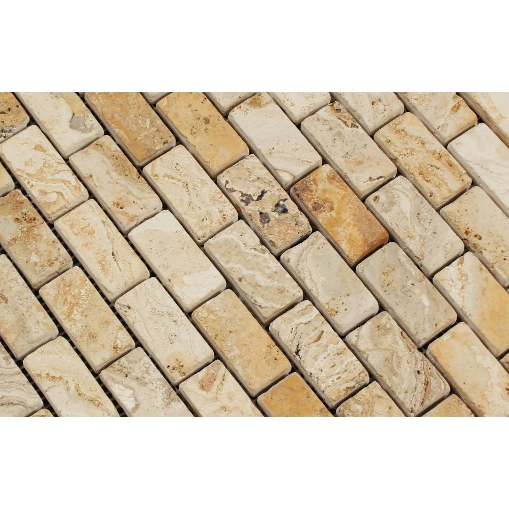 1 x 2 Tumbled Valencia Travertine Brick Mosaic Tile - Tilephile