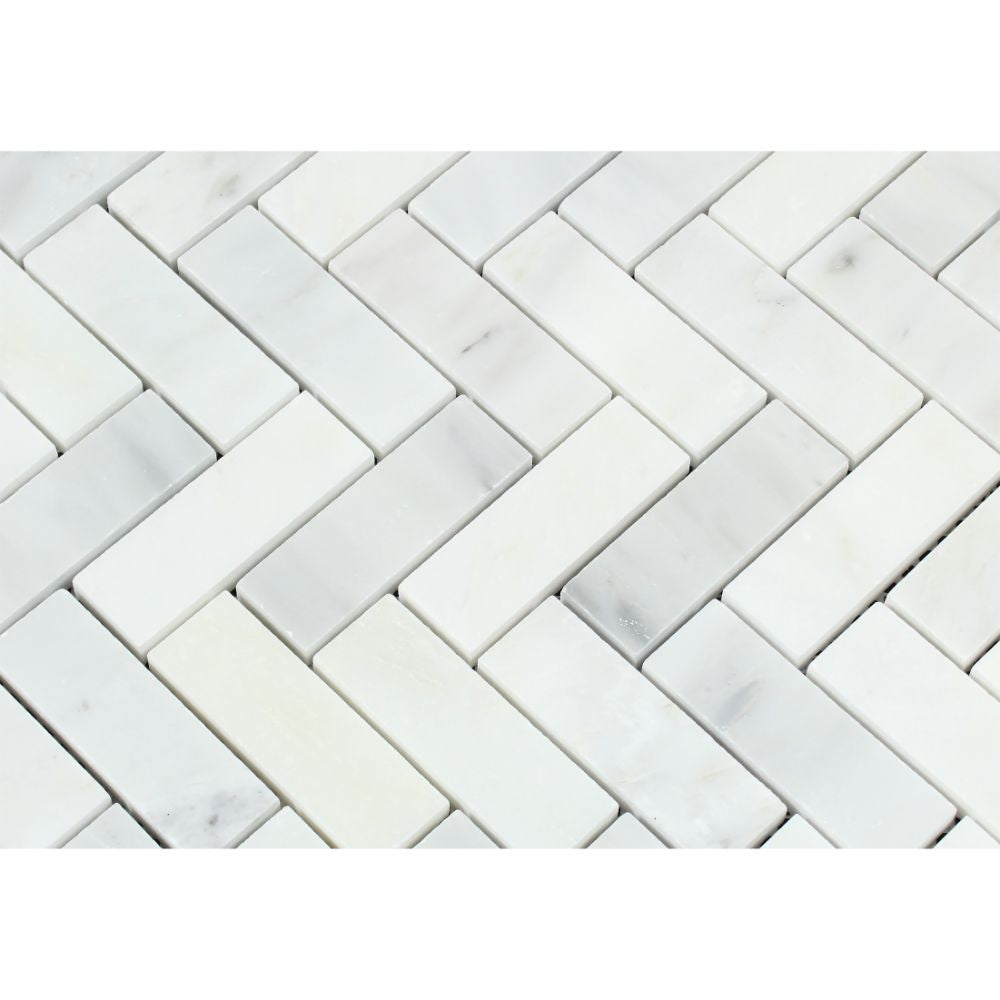 1 x 3 Honed Oriental White Marble Herringbone Mosaic Tile - Tilephile