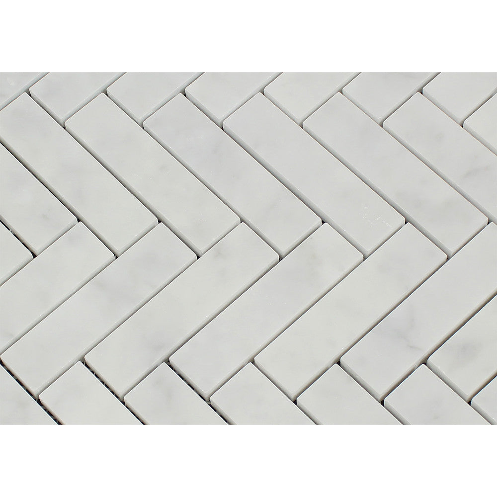1 x 4 Honed Bianco Carrara Marble Herringbone Mosaic Tile - Tilephile