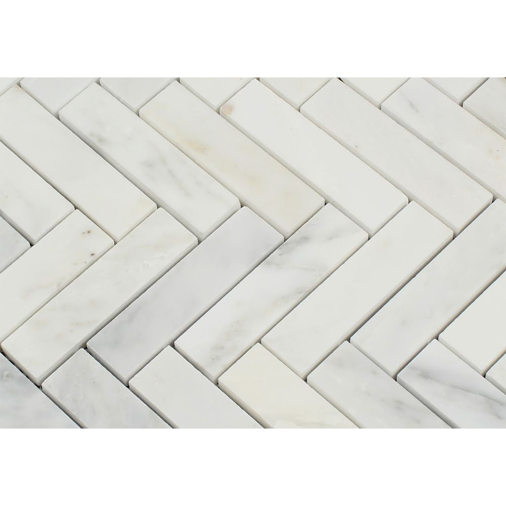 1 x 4 Honed Oriental White Marble Herringbone Mosaic Tile - Tilephile