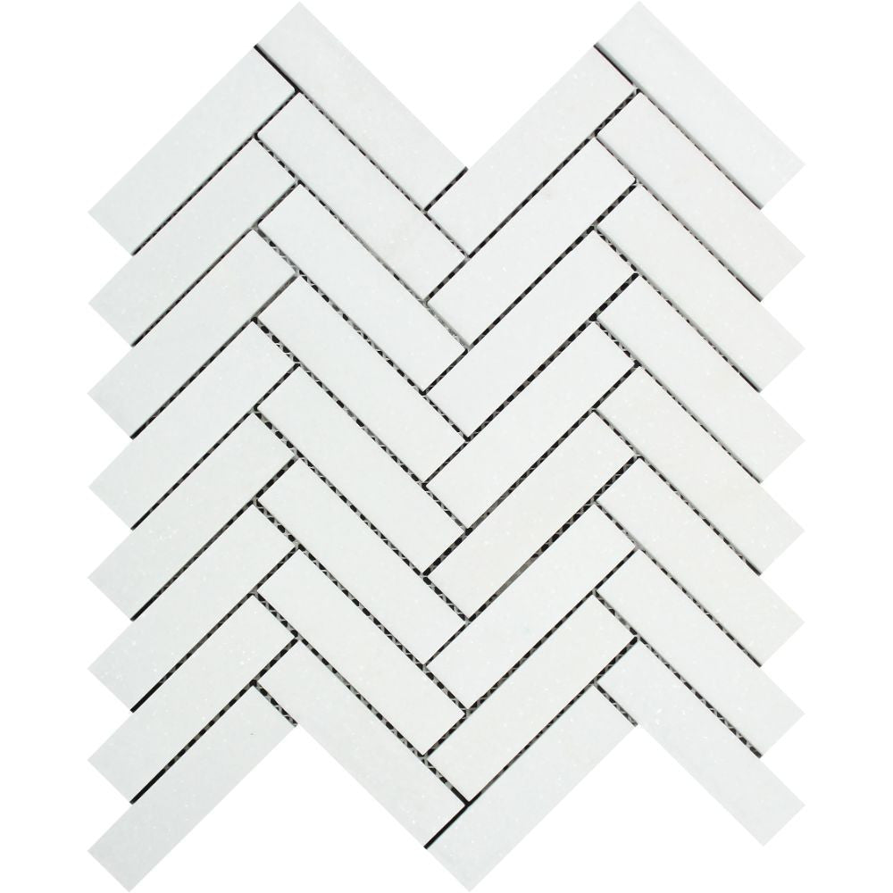 1 x 4 Honed Thassos White Marble Herringbone Mosaic Tile Sample - Tilephile