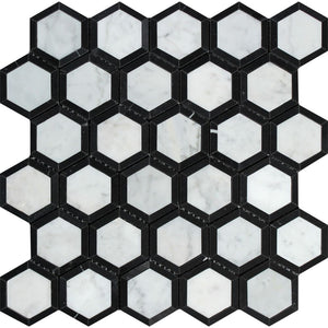 2 x 2 Polished Bianco Carrara Marble Vortex Hexagon Mosaic Tile (w/ Black) - Tilephile