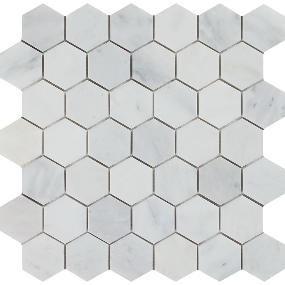 2 x 2 Polished Oriental White Marble Hexagon Mosaic Tile - Tilephile