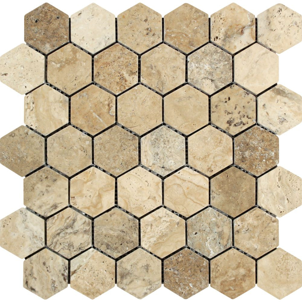 2 x 2 Tumbled Philadelphia Travertine Hexagon Mosaic Tile - Tilephile