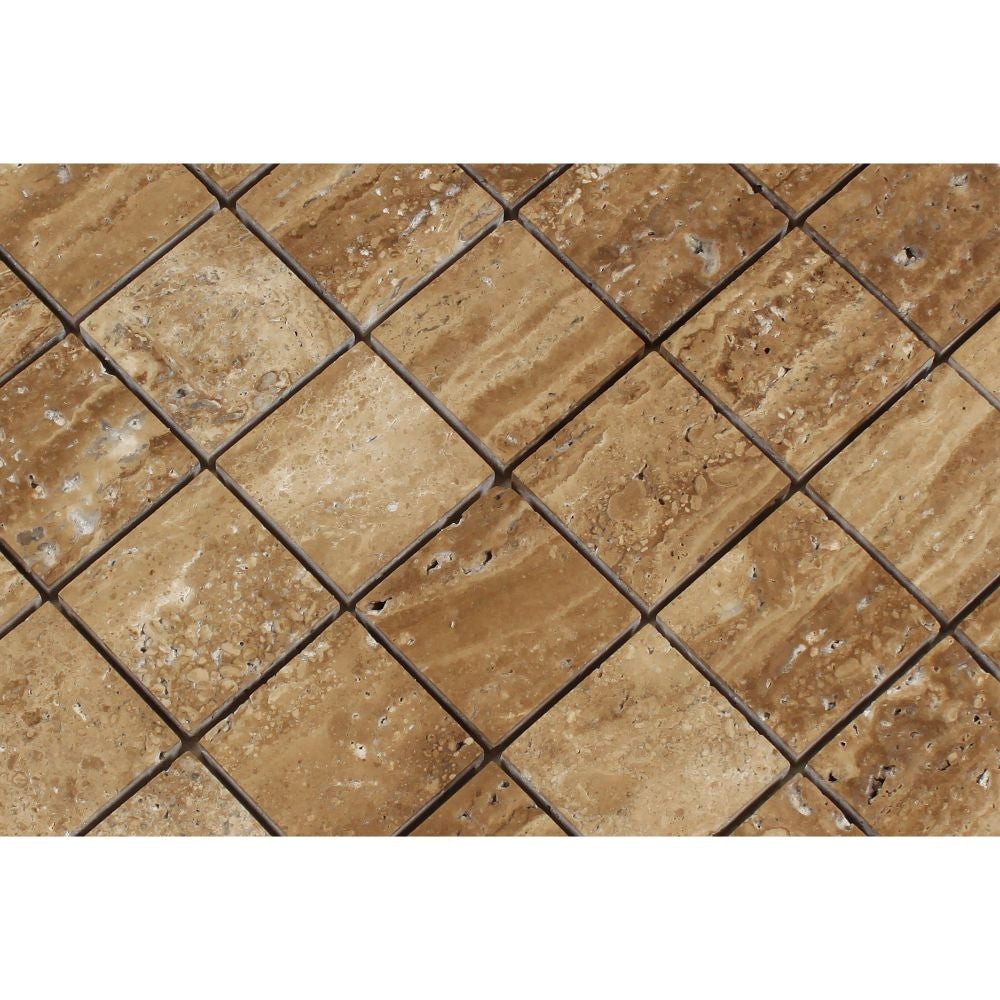 2 x 2 Unfilled, Brushed Noce Exotic (Vein-Cut) Travertine Mosaic Tile - Tilephile