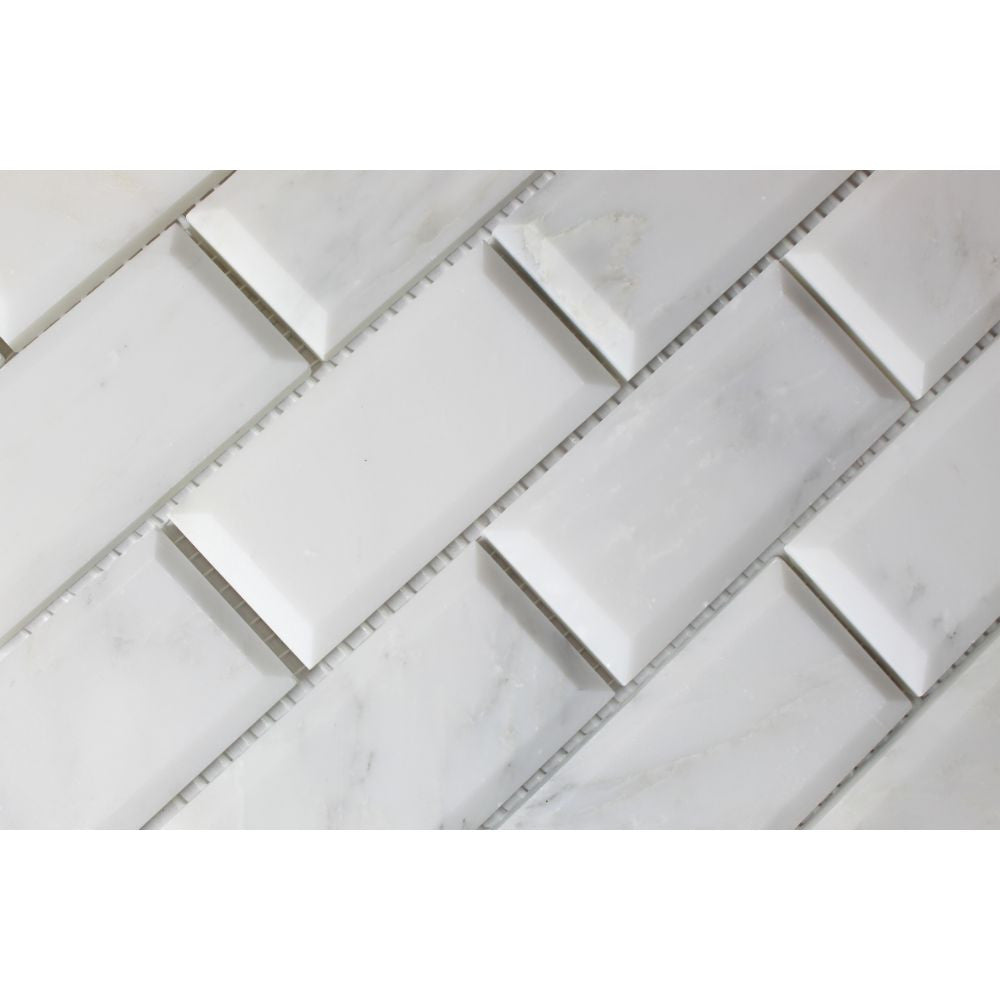 2 x 4 Polished Oriental White Marble Deep-Beveled Brick Mosaic Tile - Tilephile