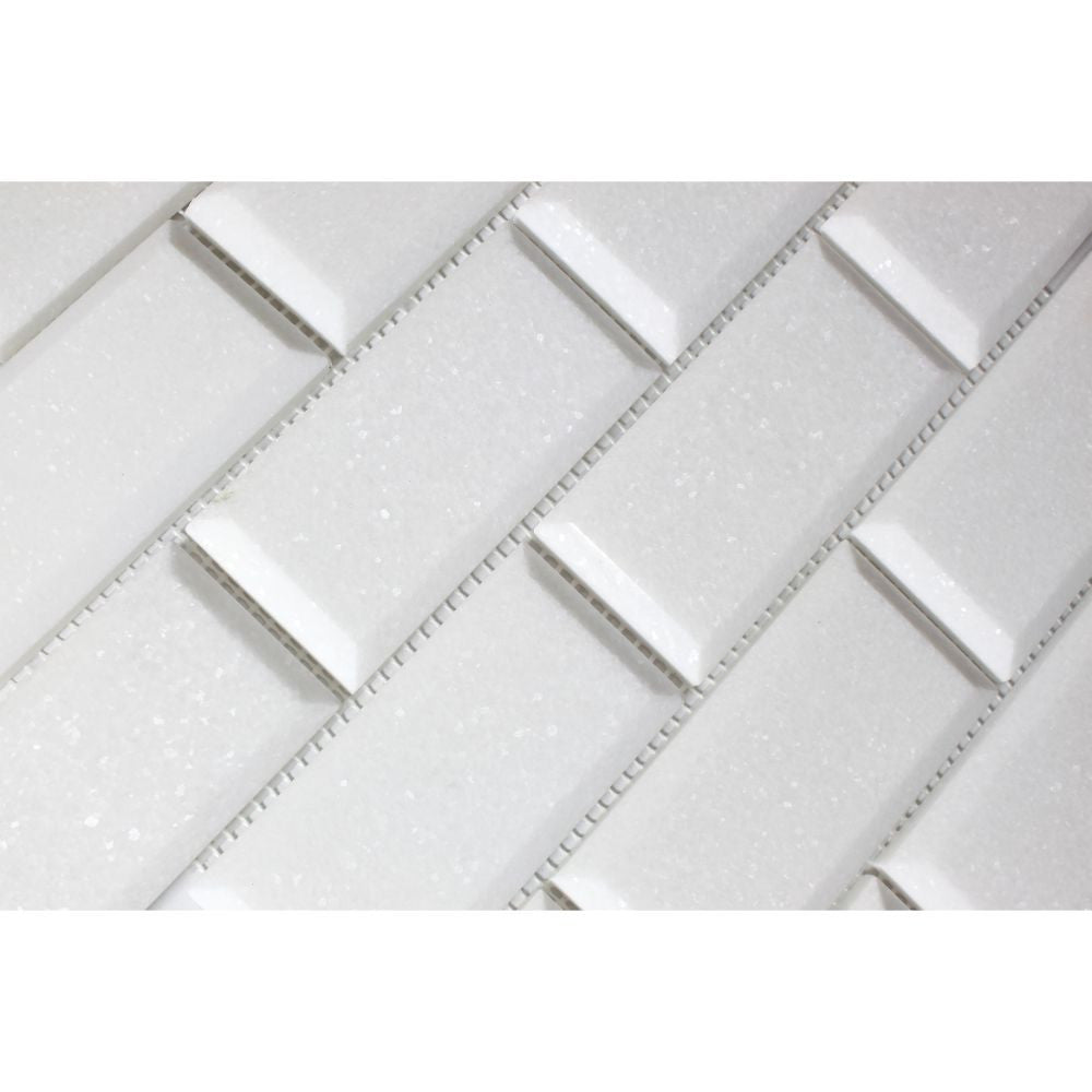 2 x 4 Polished Thassos White Marble Deep-Beveled Brick Mosaic Tile - Tilephile