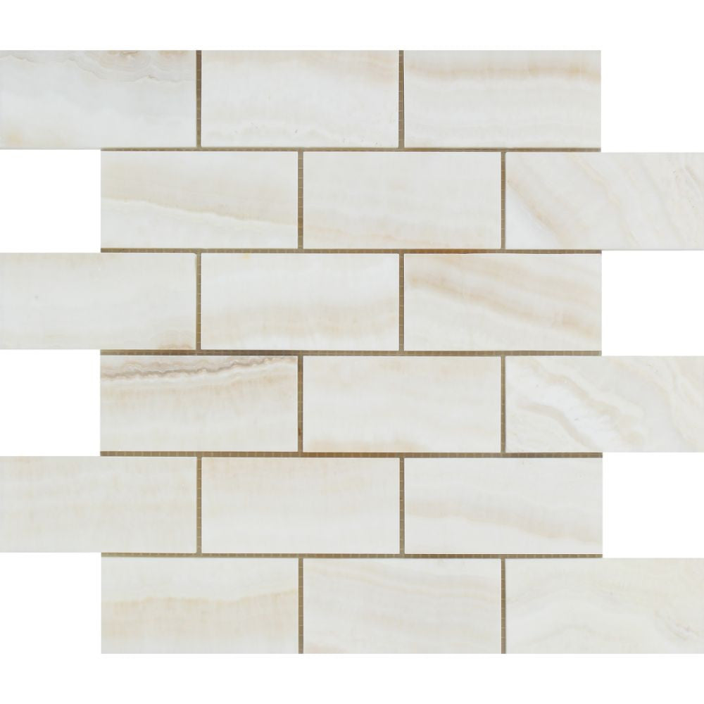 2 x 4 Polished White Onyx Brick Mosaic Tile - (Vein-Cut) - Tilephile