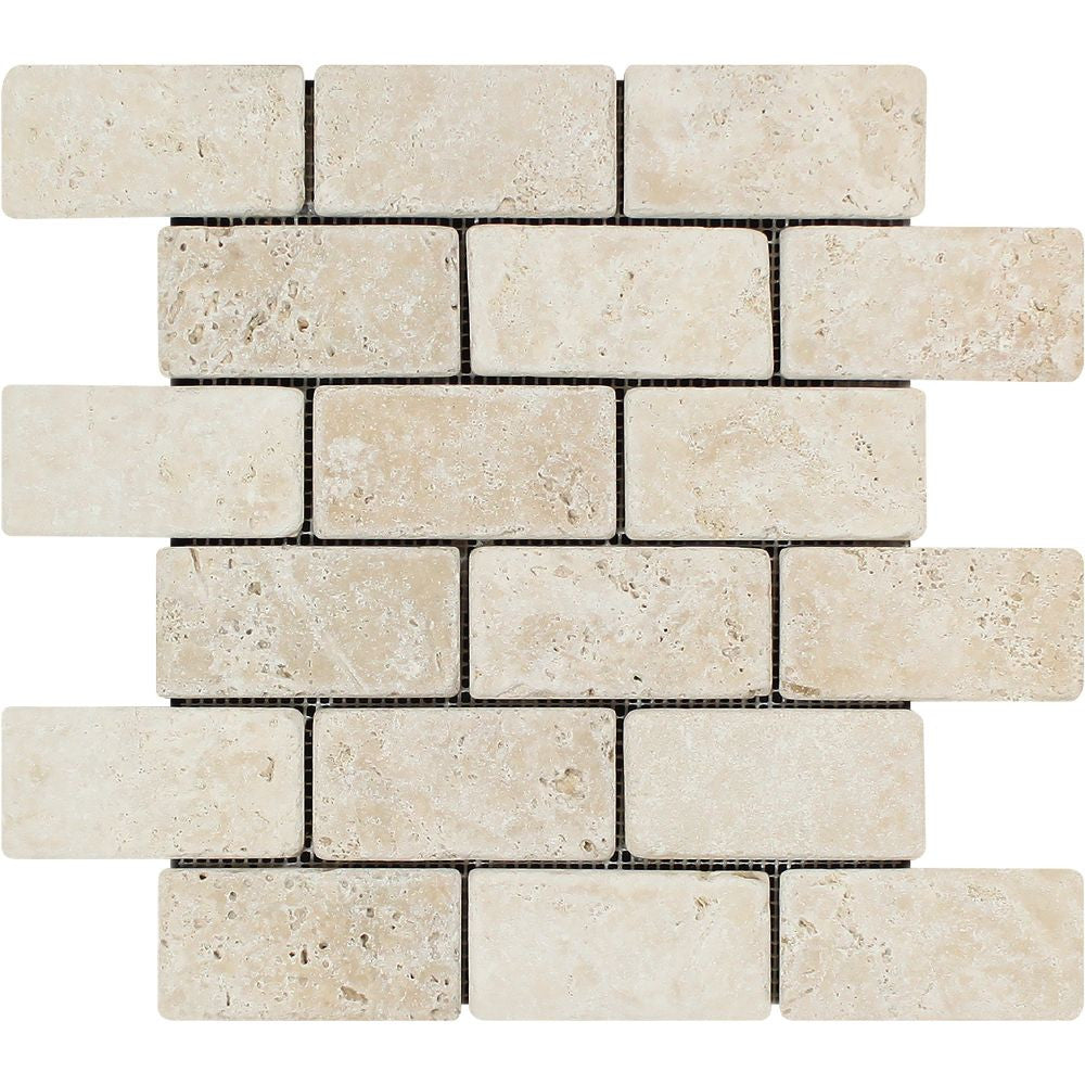 2 x 4 Tumbled Ivory Travertine Brick Mosaic Tile Sample - Tilephile