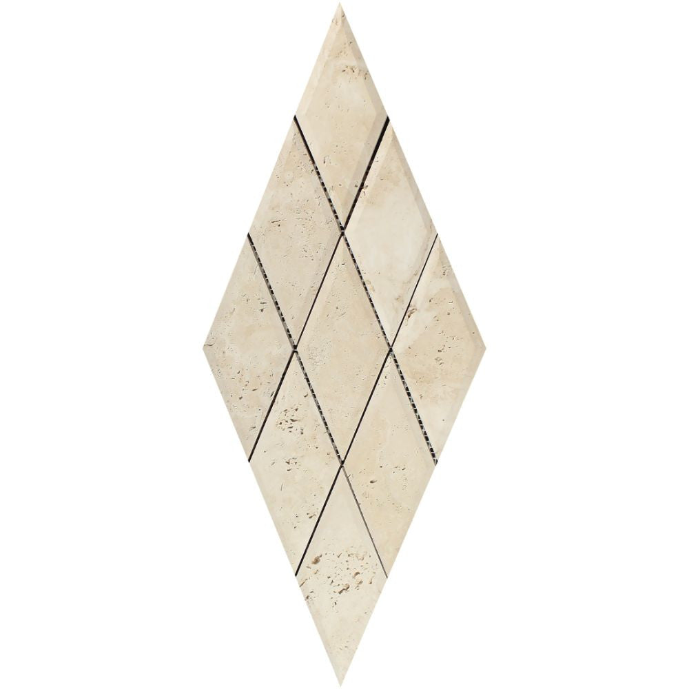 3 x 6 Honed Ivory Travertine Deep-Beveled Diamond Mosaic Tile - Tilephile