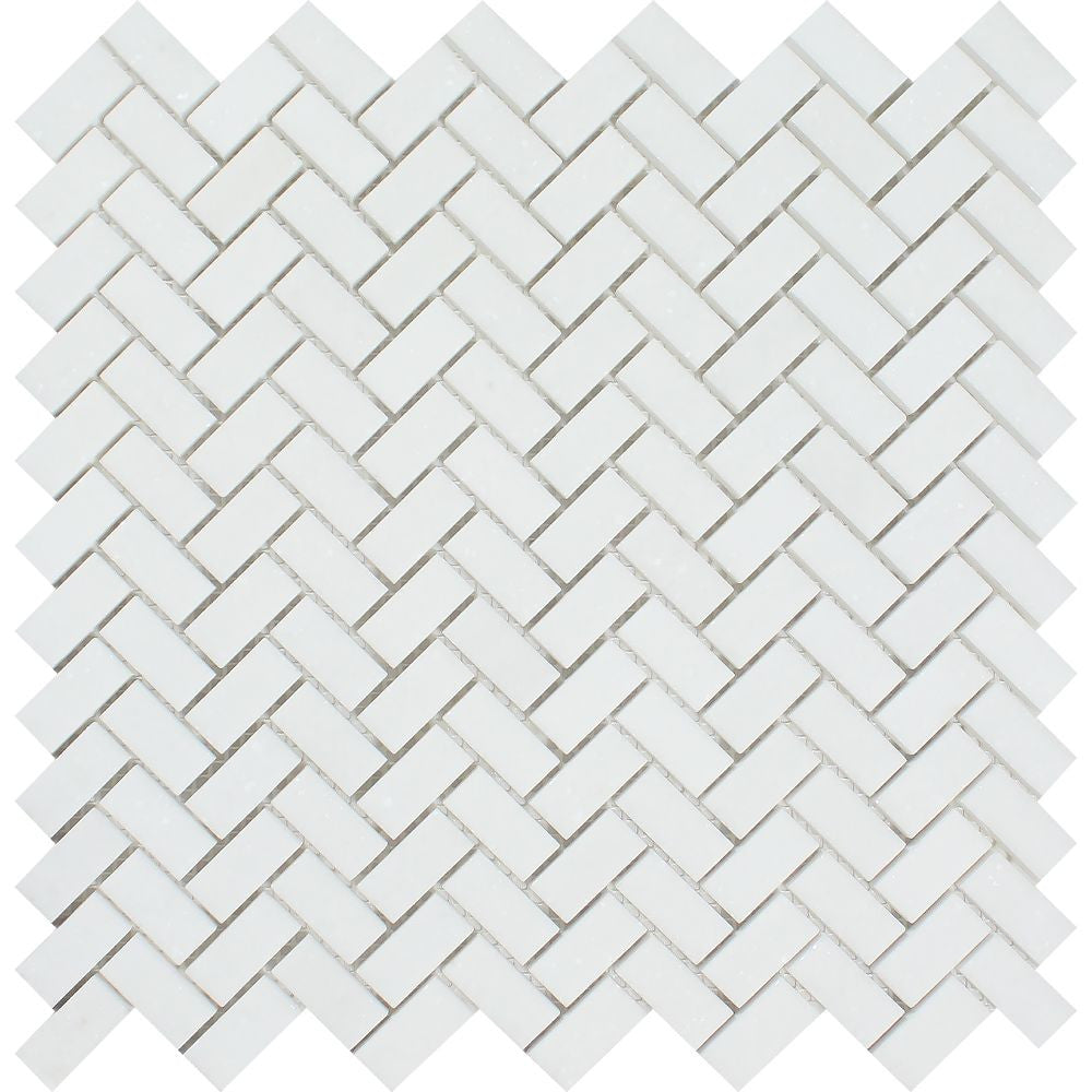 5/8 x 1 1/4 Polished Thassos White Marble Mini Herringbone Mosaic Tile - Tilephile