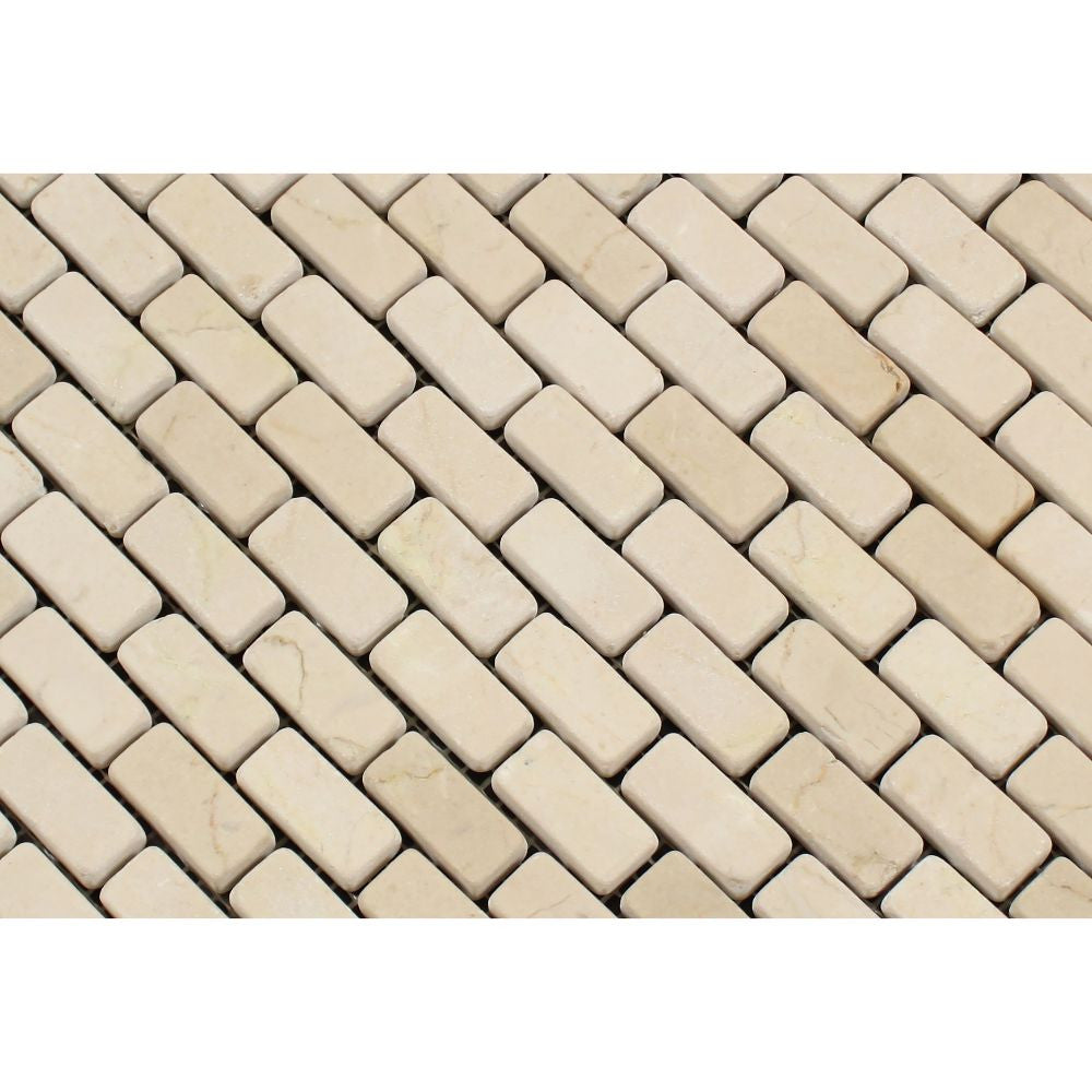 5/8 x 1 1/4 Tumbled Crema Marfil Marble Baby Brick Mosaic Tile - Tilephile