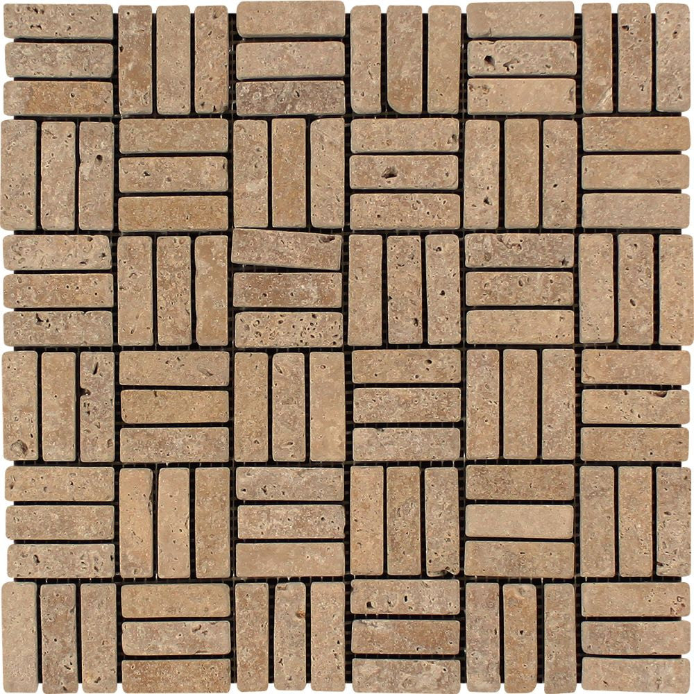 5/8 x 2 Tumbled Noce Travertine Triple-Strip Mosaic Tile - Tilephile