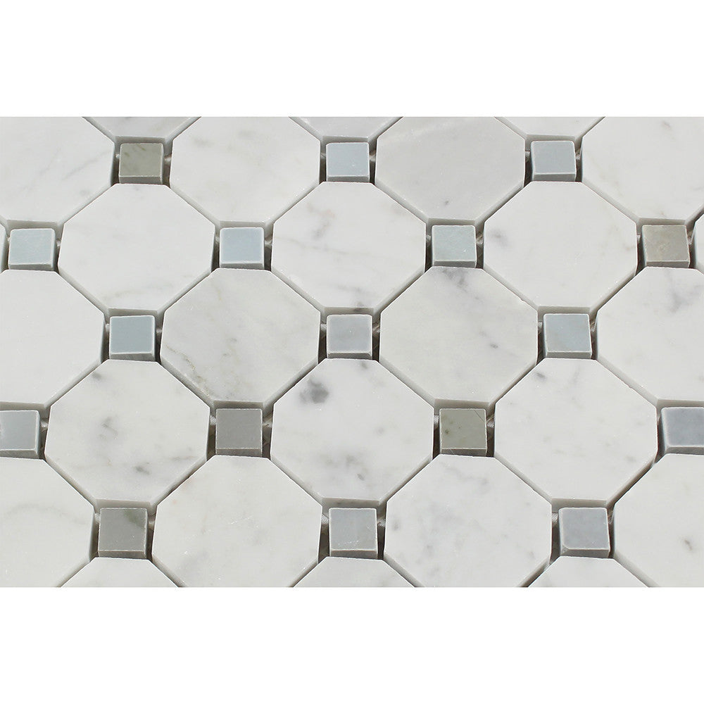 Bianco Carrara Honed Marble Octagon Mosaic Tile (w/ Blue-Gray Dots) - Tilephile