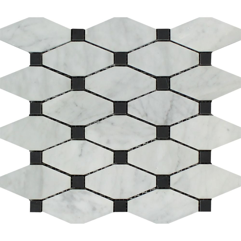 Bianco Carrara Honed Marble Octave Mosaic Tile (w/ Black Dots) - Tilephile