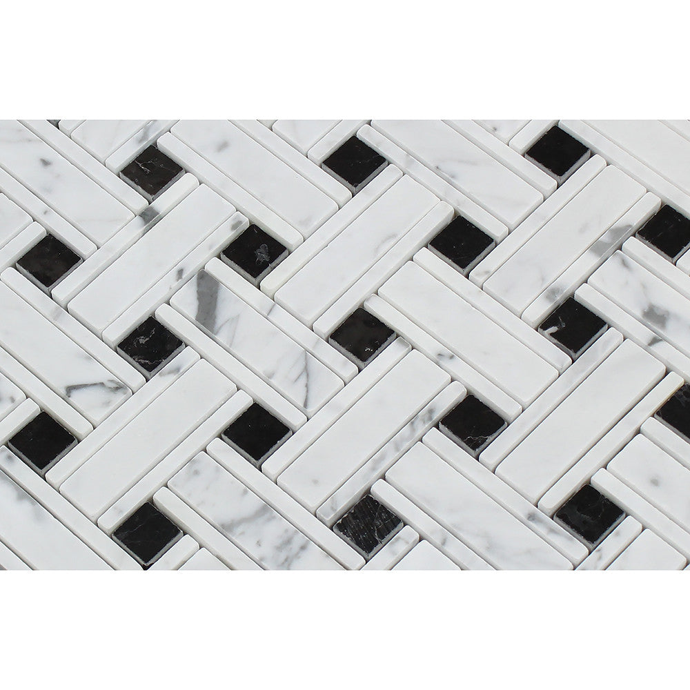 Bianco Carrara Honed Marble Tripleweave Mosaic Tile (w/ Black) - Tilephile