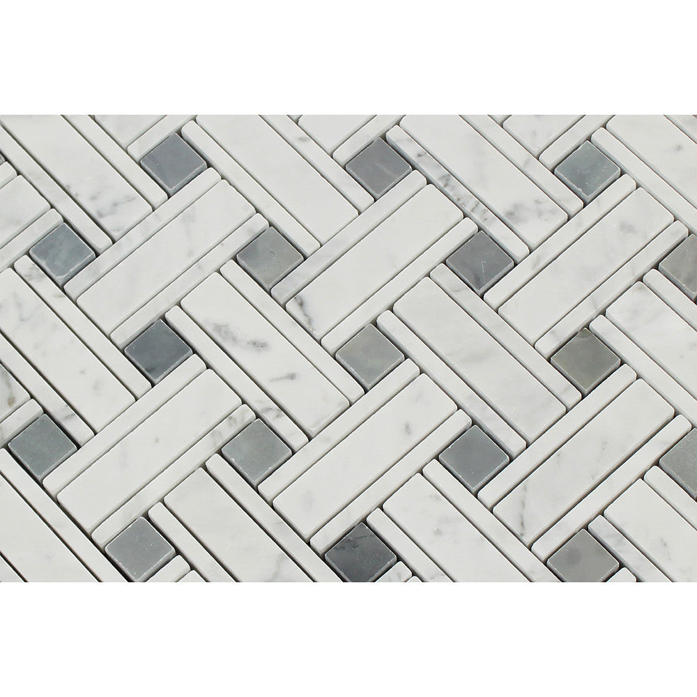 Bianco Carrara Honed Marble Tripleweave Mosaic Tile (w/ Blue-Gray) - Tilephile