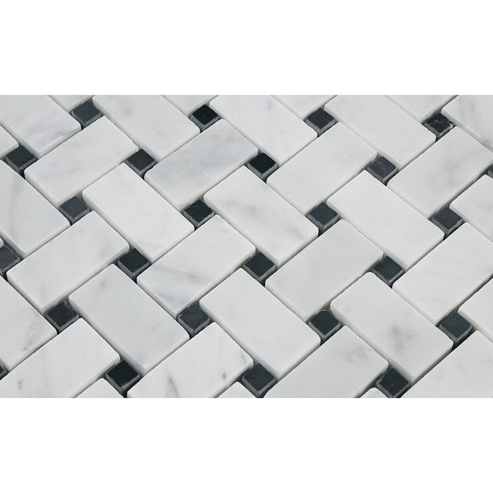 Bianco Carrara Polished Marble Basketweave Mosaic Tile (w/ Black Dots) - Tilephile