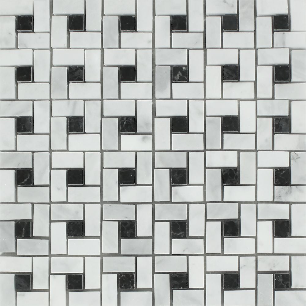 Bianco Mare Honed Marble Mini Pinwheel Mosaic Tile w/ Black Dots - Tilephile