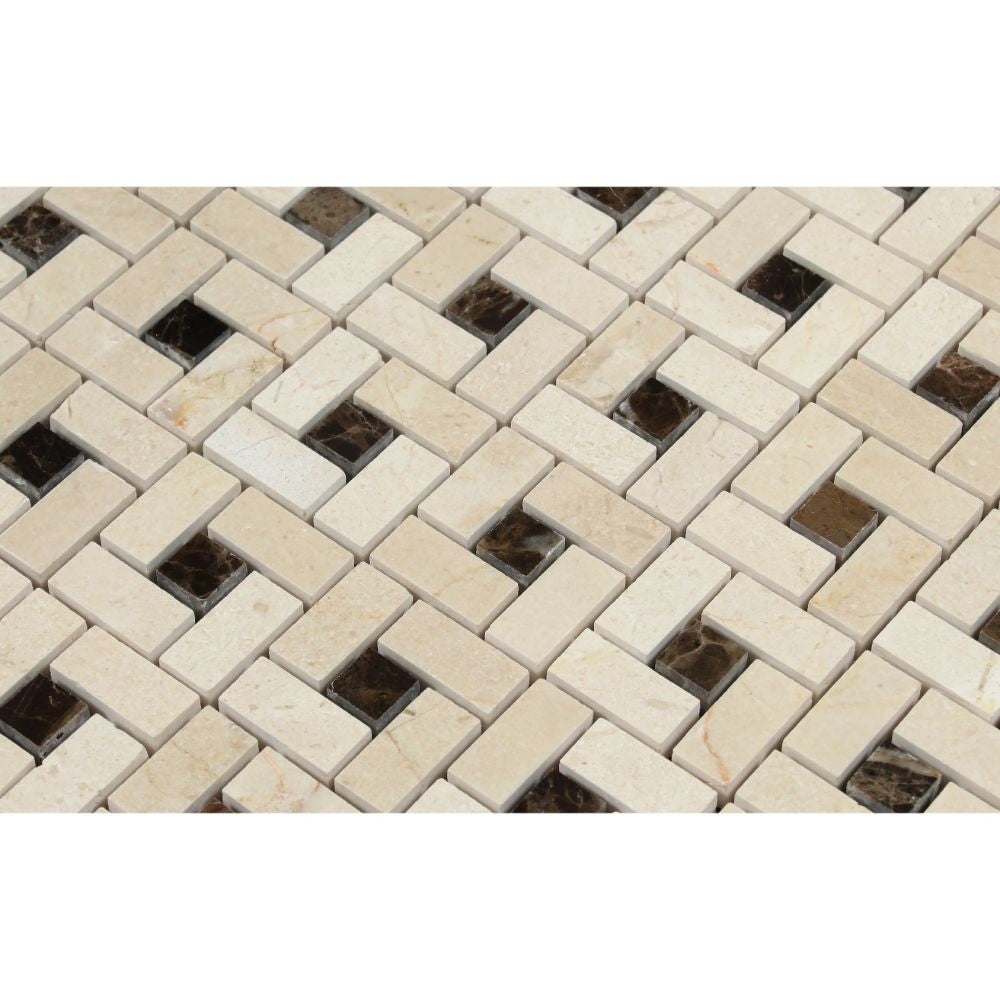 Crema Marfil Polished Marble Mini Pinwheel Mosaic Tile w/ Black Dots - Tilephile