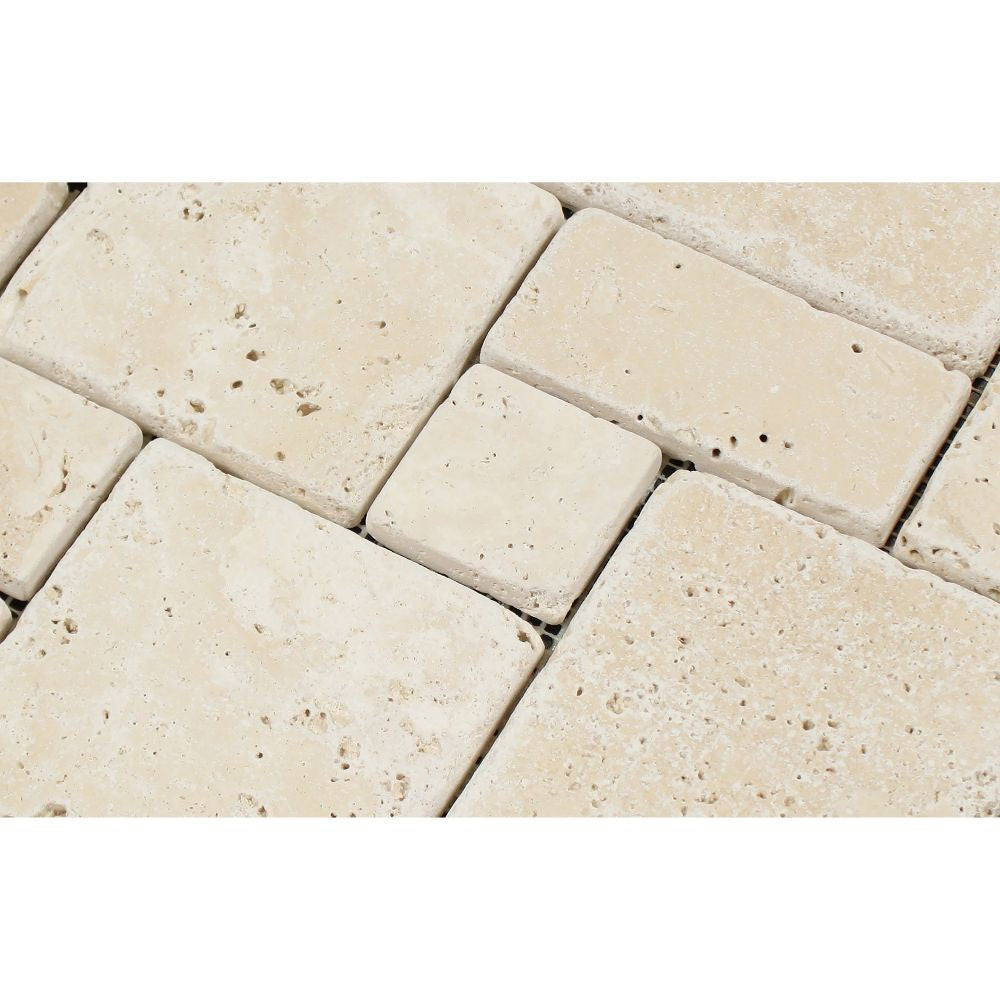 Ivory Tumbled Travertine OPUS Mini Pattern Mosaic Tile (Interlocking) - Tilephile