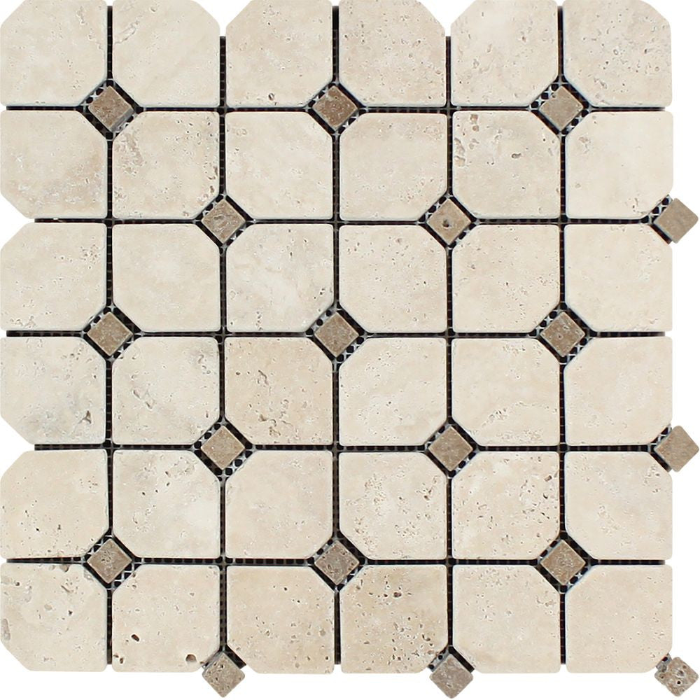 Ivory Tumbled Travertine Octagon Mosaic Tile w/ Noce Dots - Tilephile