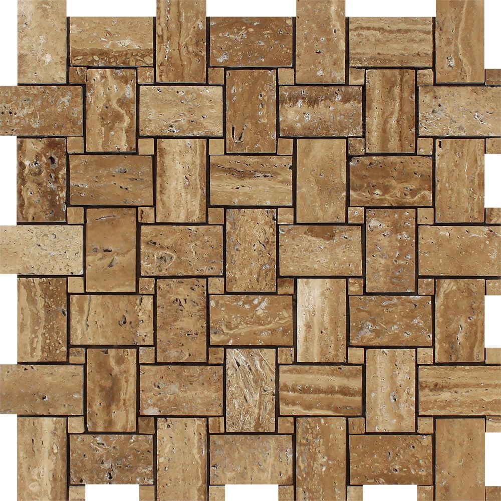 Noce Exotic (Vein-Cut) Unfilled, Brushed Travertine Basketweave Mosaic Tile - Tilephile