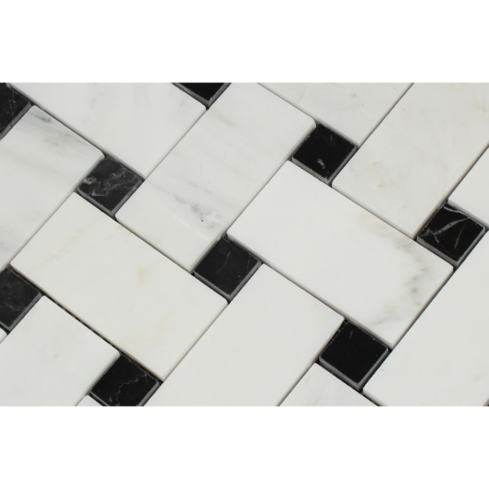Oriental White Honed Marble Large Basketweave Mosaic Tile w/ Black Dots - Tilephile