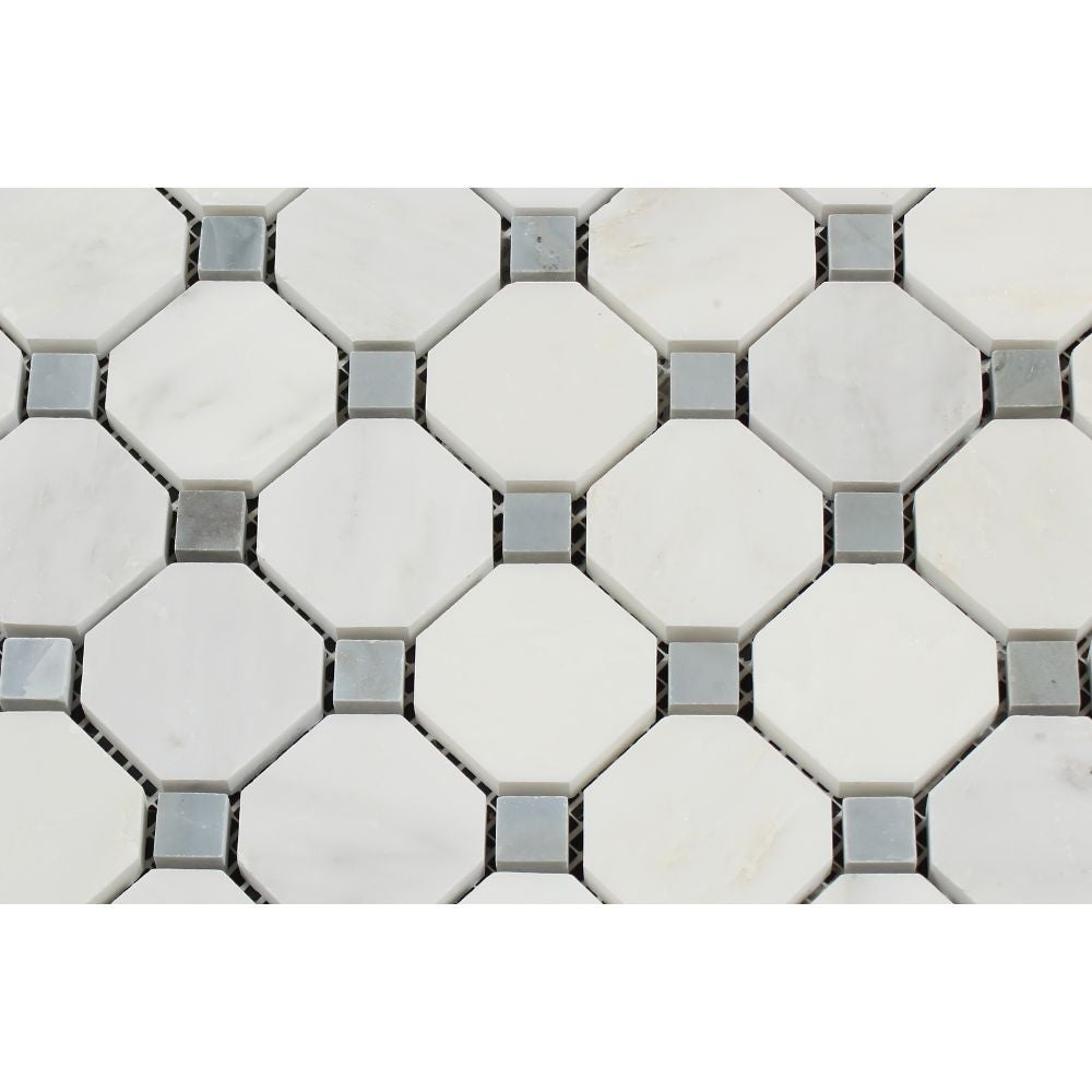Oriental White Honed Marble Octagon Mosaic Tile w/ Blue-Gray Dots - Tilephile