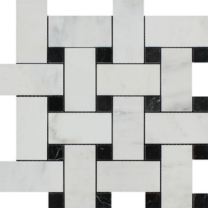 Oriental White Polished Marble Large Basketweave Mosaic Tile w/ Black Dots - Tilephile