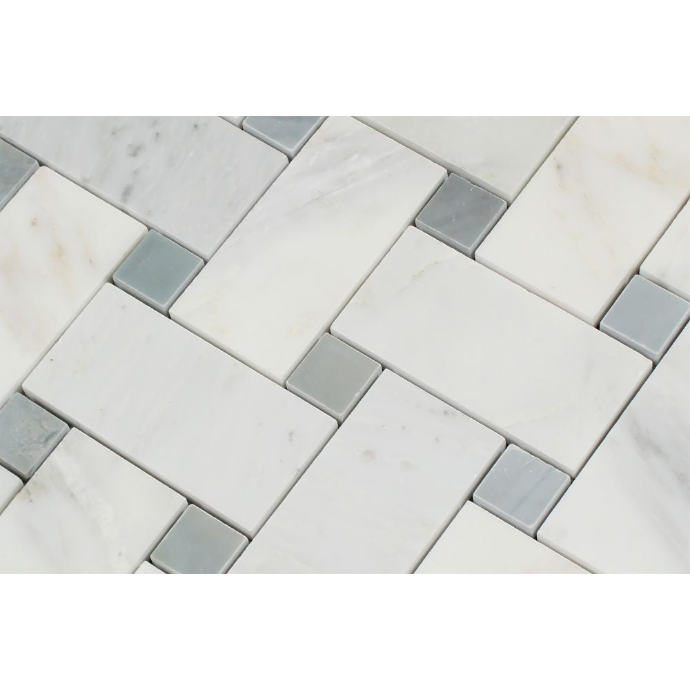 Oriental White Polished Marble Large Basketweave Mosaic Tile w/ Blue-Gray Dots - Tilephile