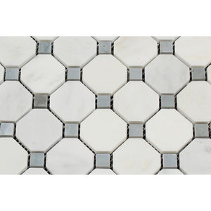 Oriental White Polished Marble Octagon Mosaic Tile w/ Blue-Gray Dots - Tilephile