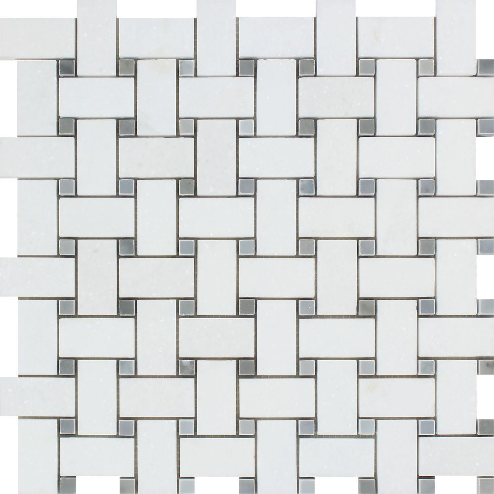 Thassos White Honed Marble Basketweave Mosaic Tile w/ Blue-Gray Dots - Tilephile