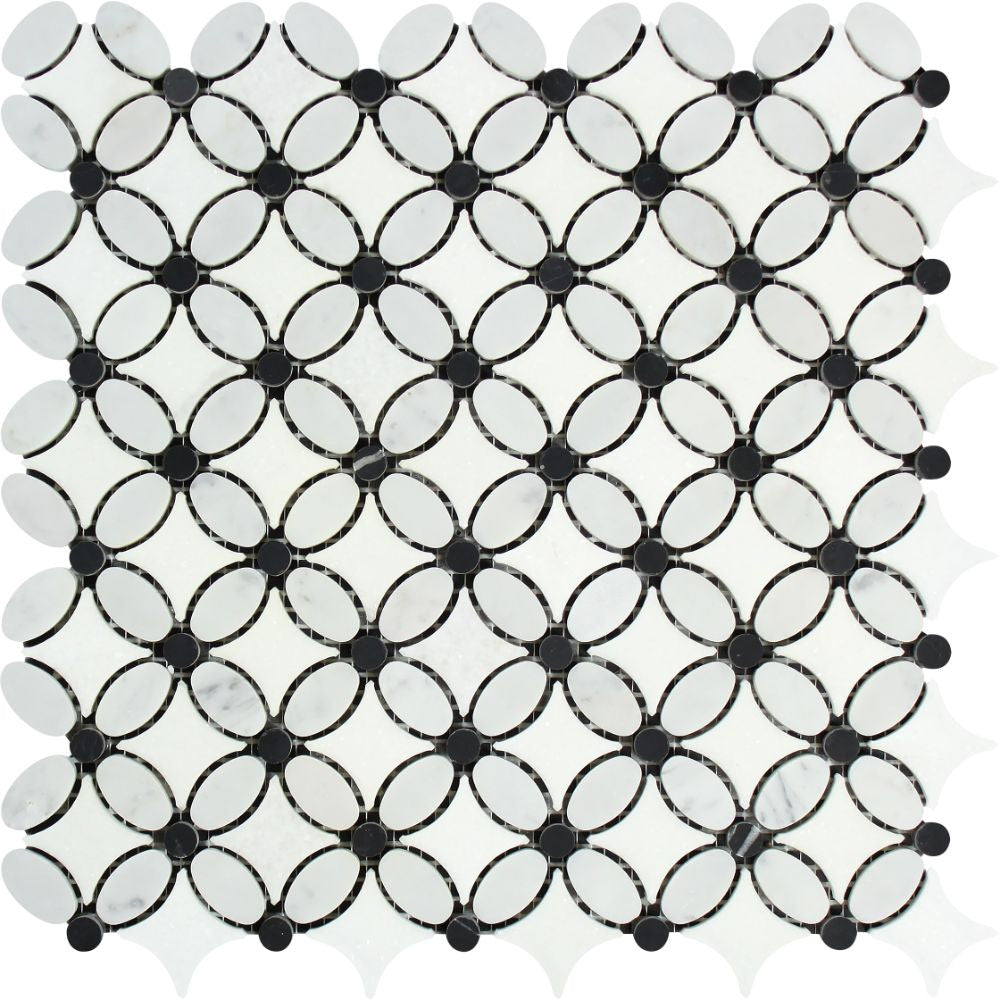 Thassos White Honed Marble Florida Flower Mosaic Tile (Carrara + Thassos (Oval) + Black (Dots)) - Tilephile