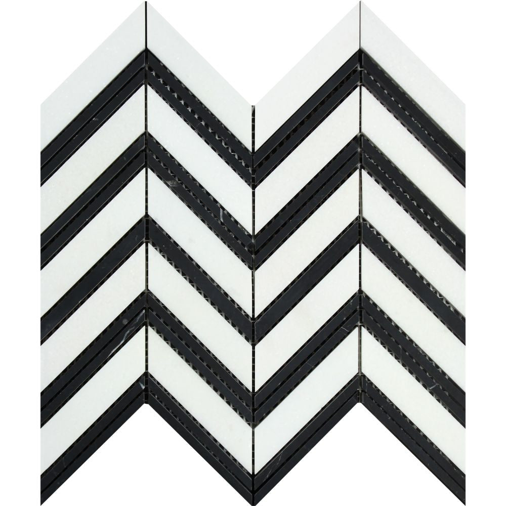 Thassos White Honed Marble Large Chevron Mosaic Tile (Thassos + Black (Thin Strips)) - Tilephile
