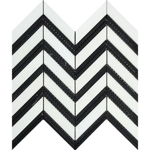 Thassos White Honed Marble Large Chevron Mosaic Tile (Thassos + Black (Thin Strips)) - Tilephile