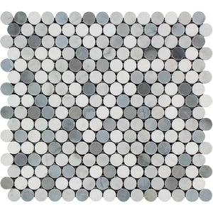 Thassos White Honed Marble Penny Round Mosaic Tile (Carrara + Thassos + Blue-Gray) - Tilephile