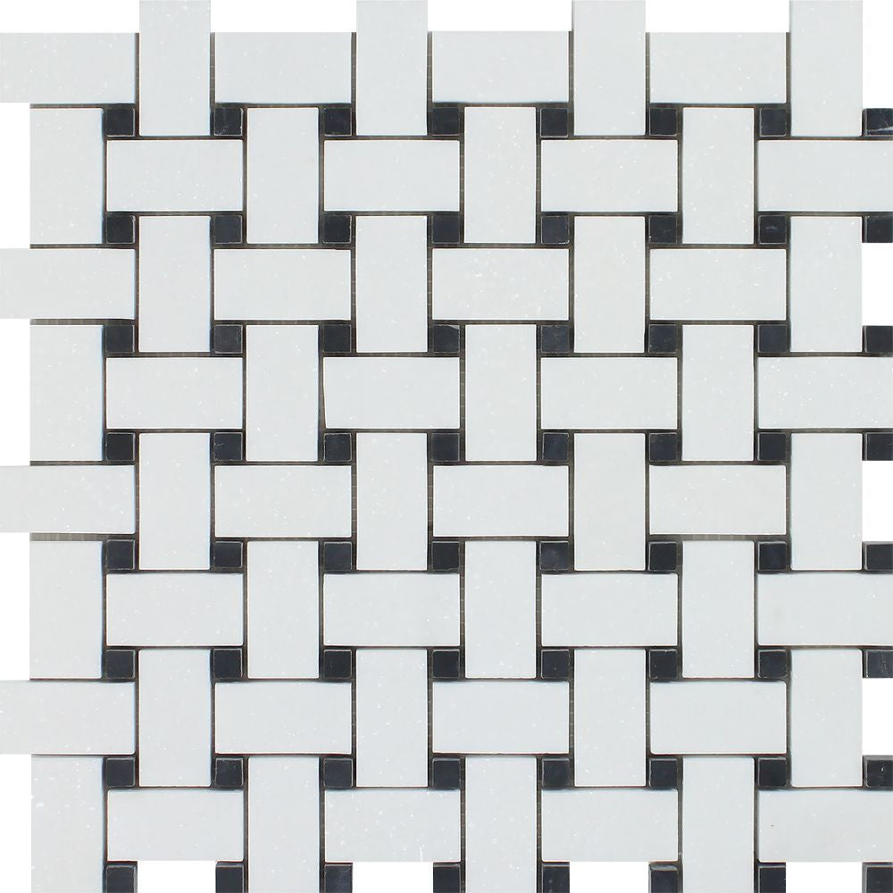 Thassos White Polished Marble Basketweave Mosaic Tile w/ Black Dots - Tilephile