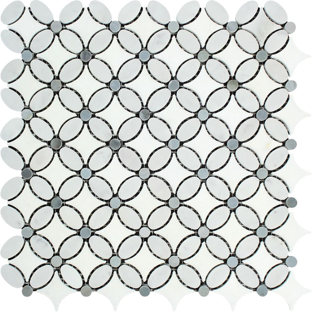 Thassos White Polished Marble Florida Flower Mosaic Tile (Carrara + Thassos (Oval) + Blue-Gray (Dots)) - Tilephile