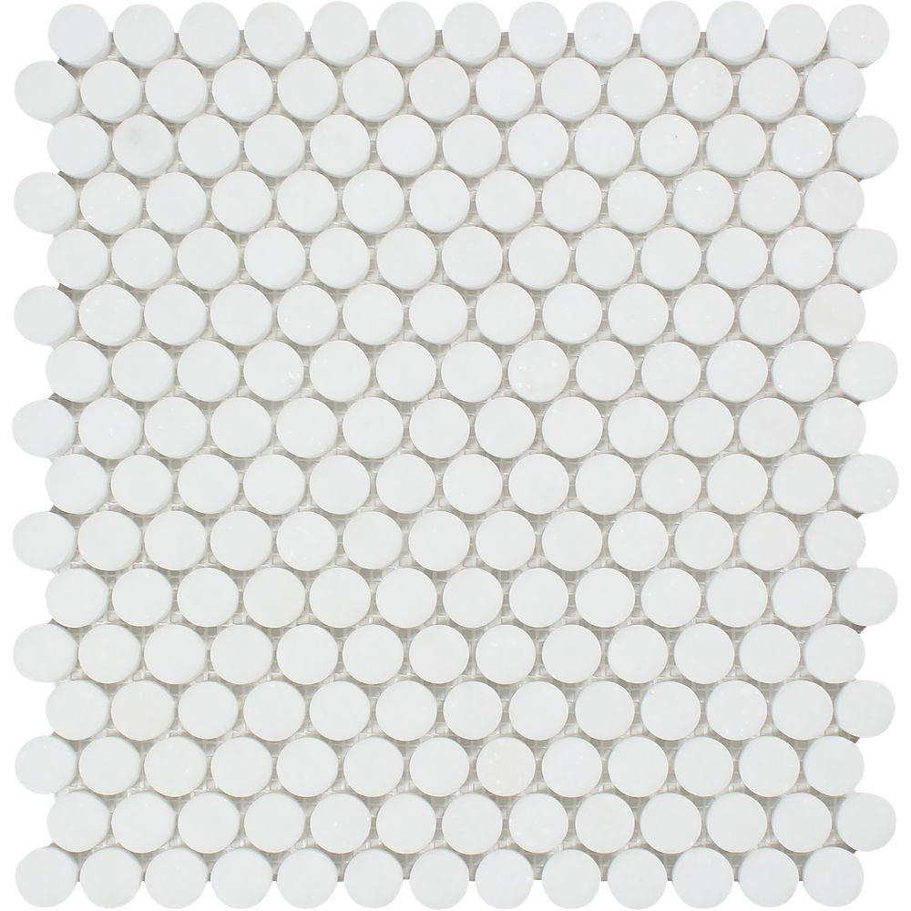 Thassos White Honed Marble Penny Round Mosaic Tile - Tilephile