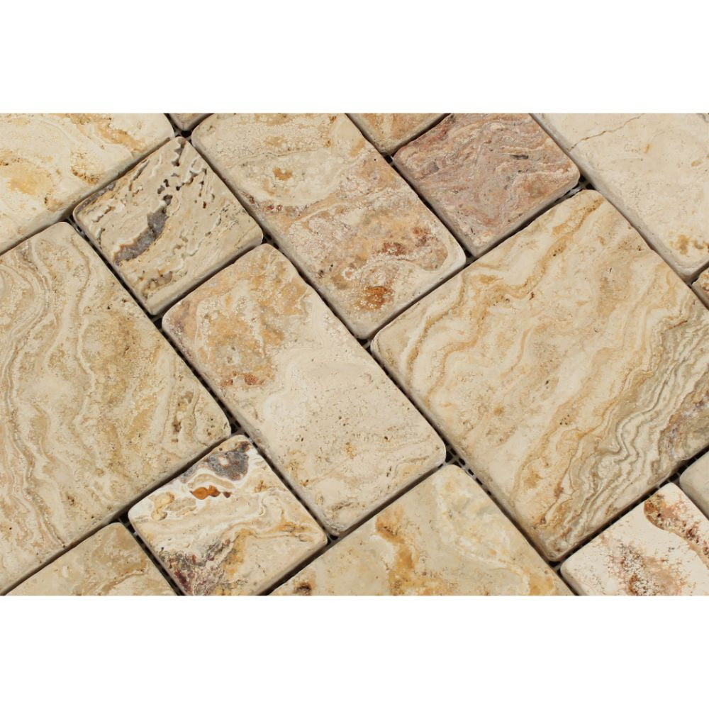 Valencia Tumbled Travertine Mini Pattern Mosaic Tile (Non-Interlocking) - Tilephile
