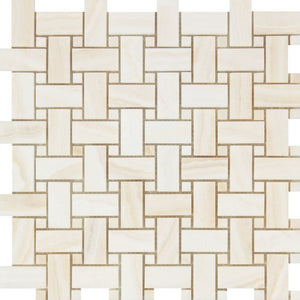 White Onyx Polished Basketweave Mosaic Tile w/ White Onyx Dots - (Vein-Cut) - Tilephile